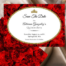 Elegant Red Roses and Gold Quinceanera セーブザデート