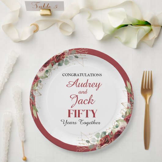 Elegant Red Roses Anniversary ペーパープレート (ウェディング)