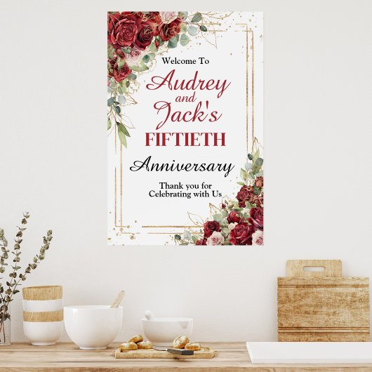 Elegant Red Roses Anniversary Welcome Sign ポスター (キッチン)