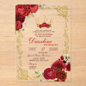 Elegant Red Roses Crown Quinceanera Invitation アクリル招待状 (正面)