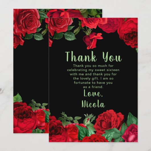 Elegant Red Roses Flowers Sweet Sixteen サンキューカード (正面/裏面)