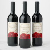 Elegant Red Roses Gold Frame Cream Wedding ワインラベル (ボトル)