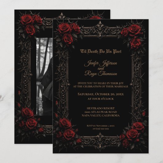 Elegant red roses Gothic wedding Invitation 招待状 (正面/裏面)