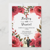 Elegant Red Roses Romantic Couple Floral Wedding 招待状 (正面)