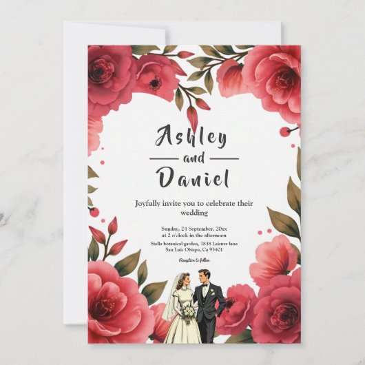 Elegant Red Roses Romantic Couple Floral Wedding 招待状 (正面)