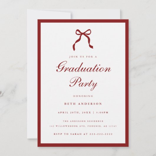 Elegant Red Script Coquette Graduation Party Photo 招待状 (正面)