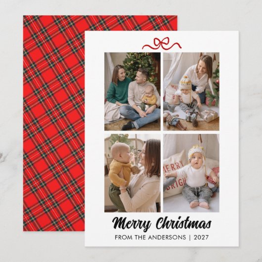 Elegant Red Script Merry Christmas 4 Photo Collage シーズンカード (正面/裏面)
