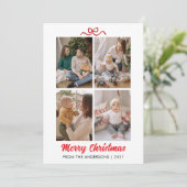 Elegant Red Script Merry Christmas 4 Photo Collage シーズンカード (スタンド正面)