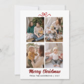 Elegant Red Script Merry Christmas 4 Photo Collage シーズンカード (正面)