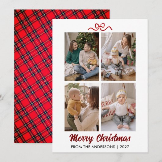 Elegant Red Script Merry Christmas 4 Photo Collage シーズンカード (正面/裏面)