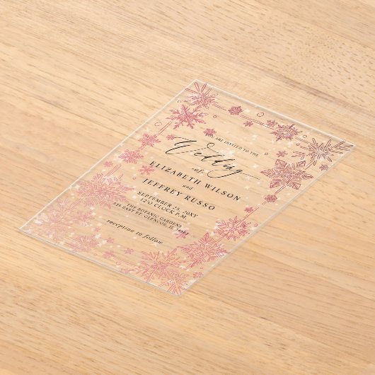 Elegant Red snowflakes Winter Wedding アクリル招待状 (レイダウン)