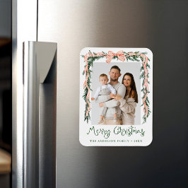 Elegant Red Striped Bow Greenery Holiday Photo マグネット