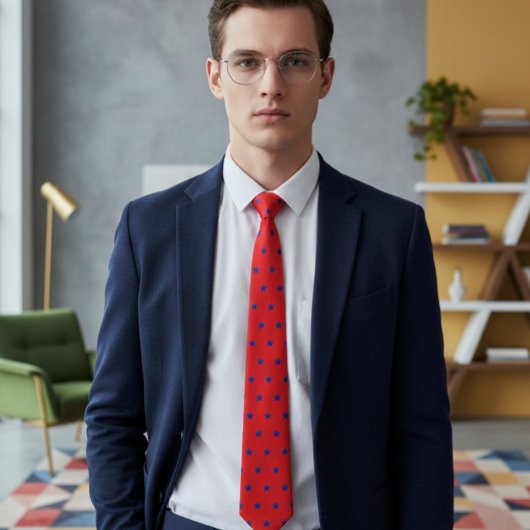 Elegant Red Tie with Embroidered-Effect Blue Stars ネクタイ