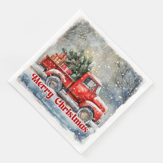 Elegant red truck Christmas scene party napkins (コーナー)