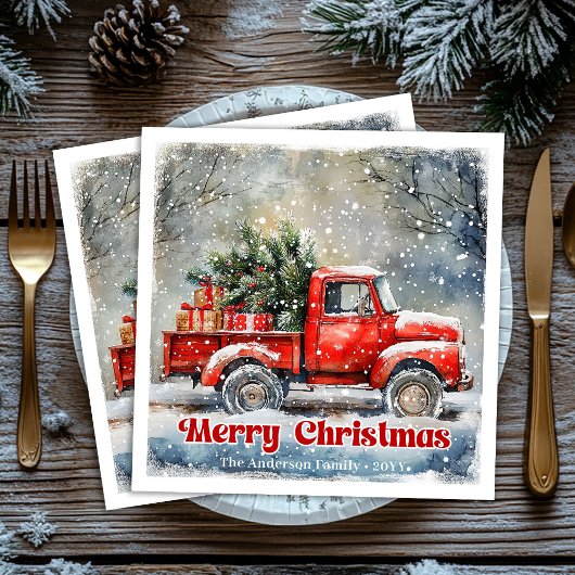 Elegant red truck Christmas scene party napkins