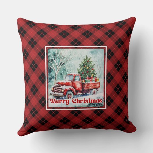 Elegant red truck winter scene rustic festive クッション (裏面)