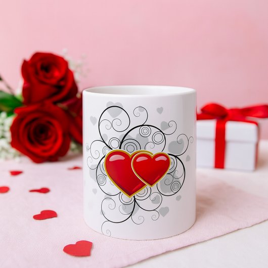 Elegant Red Twin Hearts with Flourish Swirls コーヒーマグカップ