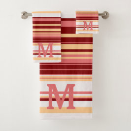 Elegant red white and pink stripes monogram バスタオルセット