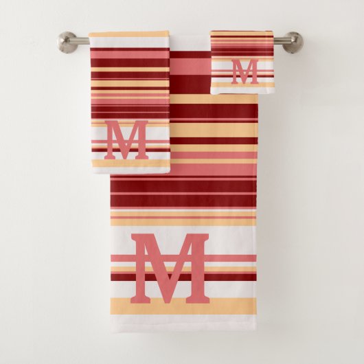 Elegant red white and pink stripes monogram バスタオルセット (インサイチュ)