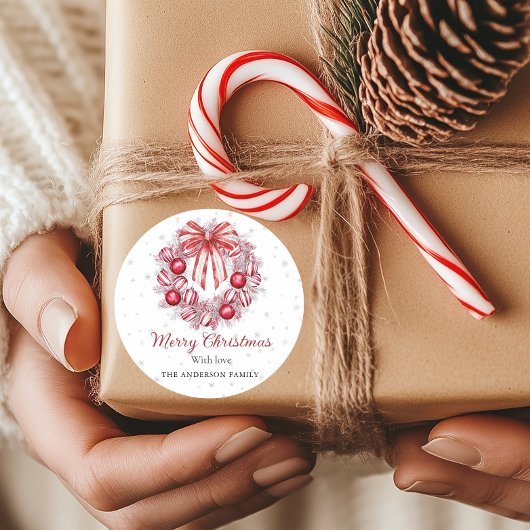 Elegant Red white Christmas Wreath  ラウンドシール