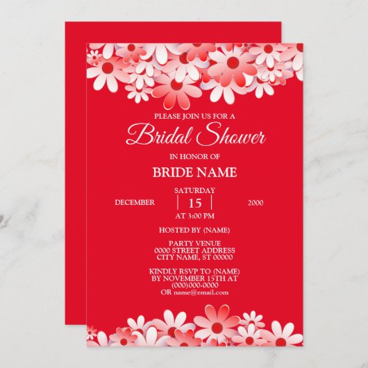 Elegant Red White Floral Bridal Shower Party 招待状 (正面/裏面)