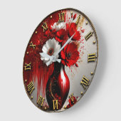 Elegant Red & White Floral Luxury Modern Vase Art ラージ壁時計 (傾斜)