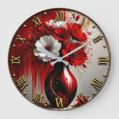 Elegant Red & White Floral Luxury Modern Vase Art ラージ壁時計 (正面)