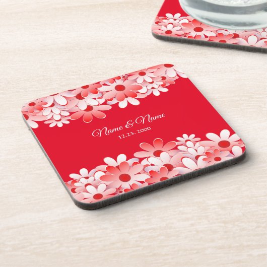 Elegant Red White Floral Name コースター (左側)