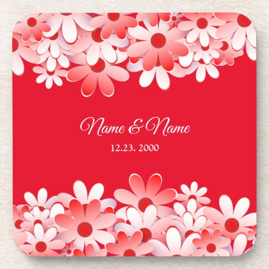 Elegant Red White Floral Name コースター (正面)