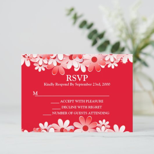 Elegant Red White Floral Wedding 出欠カード (スタンド正面)