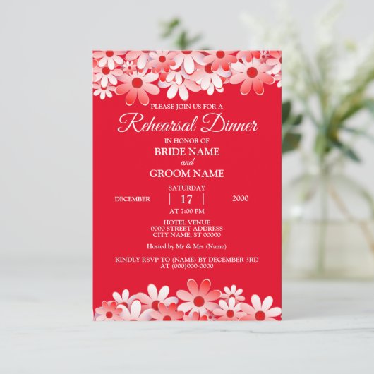 Elegant Red White Floral Wedding Rehearsal Dinner 招待状 (スタンド正面)