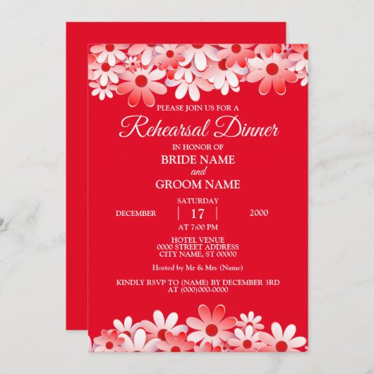 Elegant Red White Floral Wedding Rehearsal Dinner 招待状 (正面/裏面)