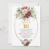 Elegant Red White Greenery Sweet Sixteen Birthday  招待状 (正面)