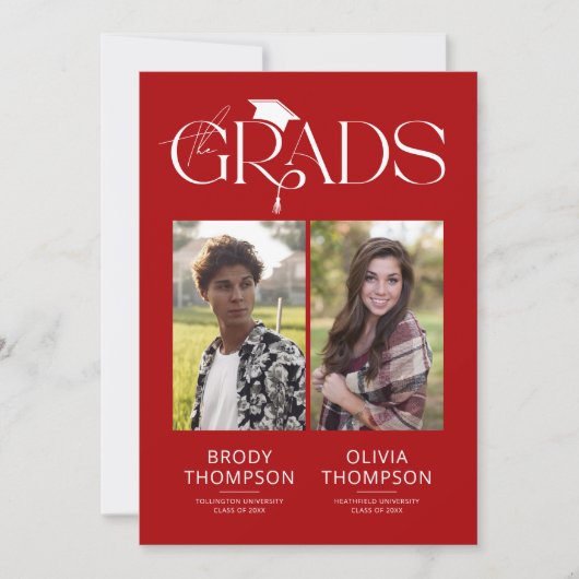 Elegant Red & White Joint Graduation Party Photo 招待状 (正面)