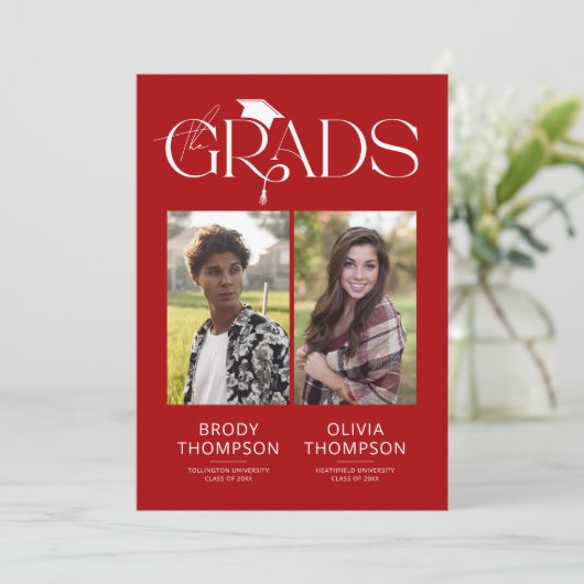 Elegant Red & White Joint Graduation Party Photo 招待状 (スタンド正面)