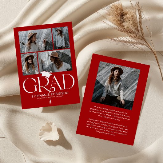 Elegant Red & White Photo Collage Graduation 案内状