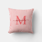 Elegant Red & White Stripes Monogram Name クッション (正面)