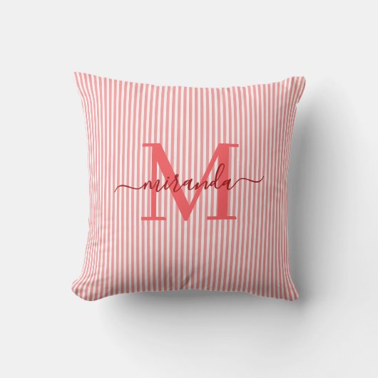 Elegant Red & White Stripes Monogram Name クッション (正面)