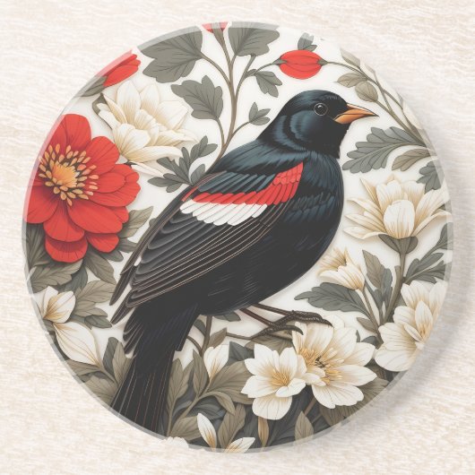 Elegant Red-winged Blackbird Red and Cream Floral コースター (正面)