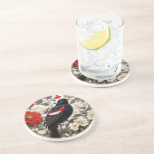 Elegant Red-winged Blackbird Red and Cream Floral コースター (側面)