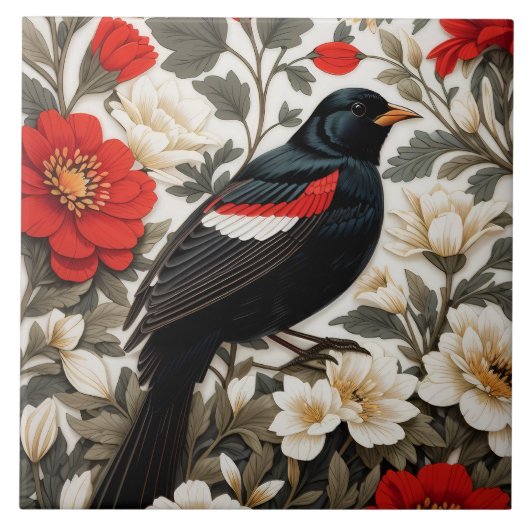 Elegant Red-winged Blackbird Red and Cream Floral タイル (正面)