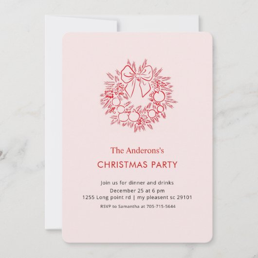 Elegant Red Wreath Christmas Party  招待状 (正面)