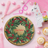 Elegant Red Wreath Holly Berries Christmas Gold me ペーパープレート (パーティー)