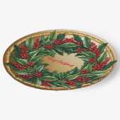 Elegant Red Wreath Holly Berries Christmas Gold me ペーパープレート (アングル)