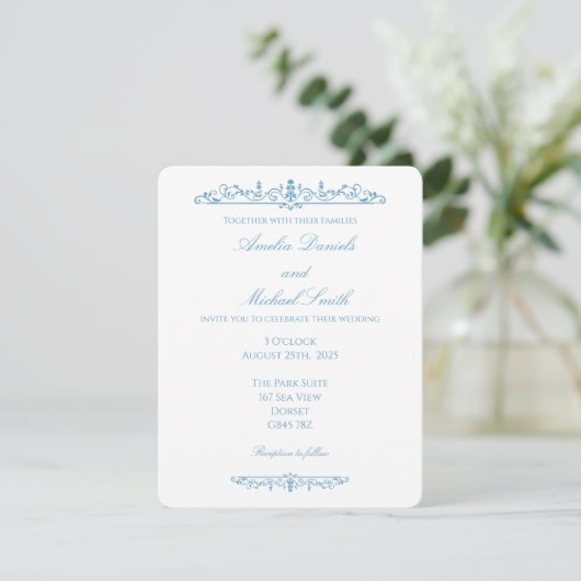 Elegant Regency Blue  & White Wedding Invitation 招待状 (スタンド正面)