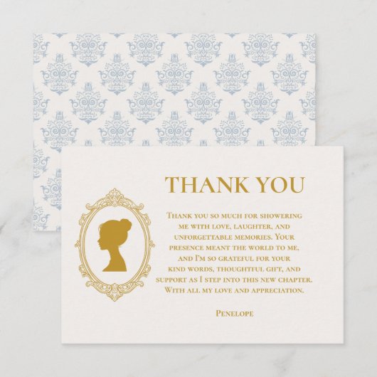 Elegant Regency Era Blue and Gold Bridal Shower サンキューカード (正面/裏面)