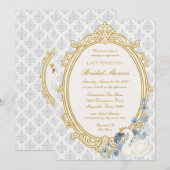 Elegant Regency Era Blue and Gold Bridal Shower 招待状 (正面/裏面)