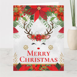 Elegant Reindeer Poinsettia Merry Christmas カード
