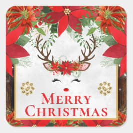 Elegant Reindeer Poinsettia Merry Christmas スクエアシール