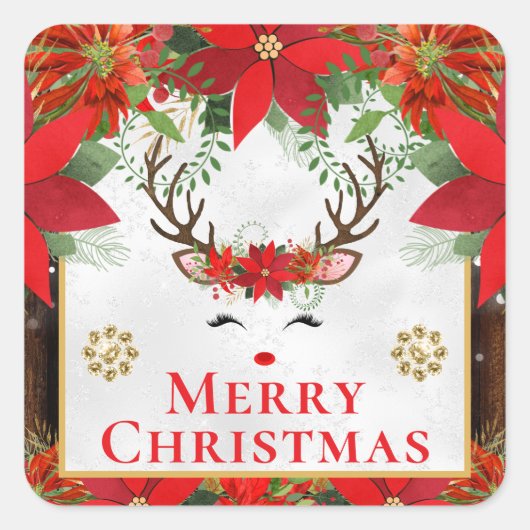 Elegant Reindeer Poinsettia Merry Christmas スクエアシール (正面)